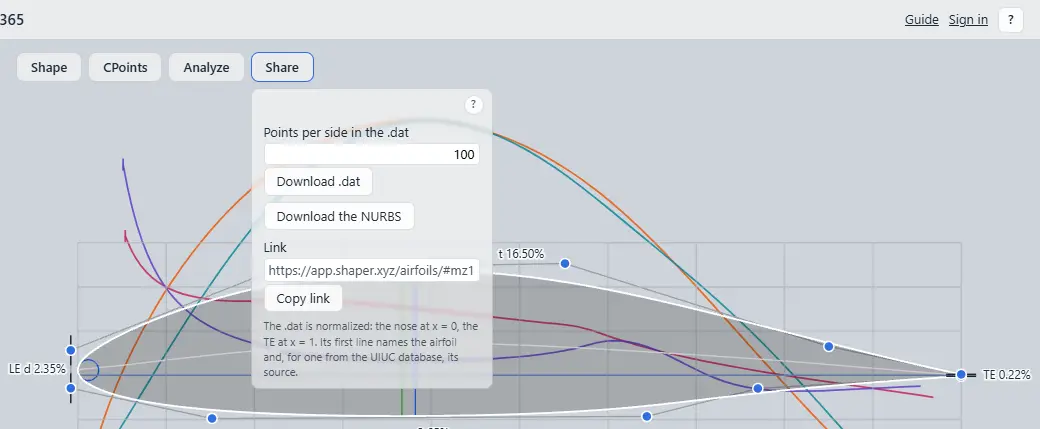 The Share box open over the canvas: the points per side, Download .dat, Download the NURBS, and the link with Copy link