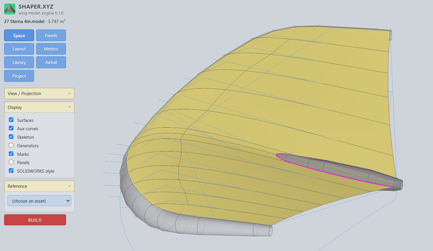 Inflatable wing in the 3D space view